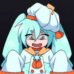 Rule 34 | 1girl, bags under eyes, black background, blue eyes, blue hair, chef, chef hat, cryptidhermit, drooling, hair between eyes, hat, hatsune miku, long hair, looking at viewer, mouth drool, neckerchief, open mouth, orange neckerchief, orange pupils, sharp teeth, shrimpku, sleeves past fingers, sleeves past wrists, solo, teeth, twintails, upper body, vocaloid, white hat, yuki miku, yuki miku (2024) (applicant)