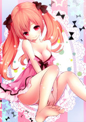 Rule 34 | 1girl, bare legs, bare shoulders, barefoot, breasts, cleavage, collarbone, dress, eyebrows, feet, hair ribbon, head tilt, legs, long hair, looking at viewer, mintsu (ichi--kun), nightgown, orange hair, original, pink dress, red eyes, ribbon, smile, soles, solo, strapless, strapless dress, tareme, thighs, toes, twintails
