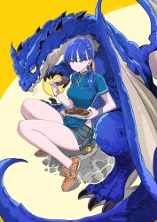 Rule 34 | 1girl, bare legs, between legs, blue dress, blue eyes, blue hair, blue theme, bracelet, braid, breasts, brown footwear, china dress, chinese clothes, chinese zodiac, closed mouth, dragon, dress, drooling, eating, food, grey shorts, hair over one eye, hand up, highres, holding, holding food, holding plate, hungry, jewelry, jun (navigavi), knees up, long hair, looking at another, looking at hand, medium breasts, orb, original, plate, pointy ears, short sleeves, shorts, shorts under dress, side braid, sitting, skin tight, smile, toggles, twintails, twitter username, western dragon, wristband, year of the dragon, yellow background, yellow eyes