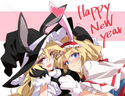 Rule 34 | 2girls, :d, alice margatroid, animal ears, animal hands, black gloves, black headwear, blonde hair, blue eyes, capelet, english text, fur trim, gloves, hairband, happy new year, hat, heart, highres, ichimura kanata, kirisame marisa, lolita hairband, looking at viewer, multiple girls, new year, open mouth, parted lips, rabbit ears, red hairband, short hair, smile, touhou, upper body, white capelet, witch hat, yellow eyes