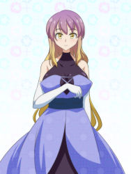 Rule 34 | 1girl, alternate costume, bare shoulders, blonde hair, breasts, cato (monocatienus), commentary request, covered collarbone, dress, elbow gloves, gloves, hijiri byakuren, large breasts, long hair, looking at viewer, multicolored hair, purple hair, simple background, smile, solo, touhou, very long hair, white gloves, yellow eyes