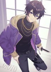 Rule 34 | 1boy, belt, black hair, black pants, black sweater, chain, earrings, finch (blanc1771), grin, highres, holding, holding knife, indie virtual youtuber, indoors, jacket, jewelry, knife, long sleeves, looking at viewer, male focus, necklace, open clothes, open jacket, pants, purple eyes, purple jacket, short hair, shoto (vtuber), smile, standing, standing on one leg, sweater, thigh strap, virtual youtuber