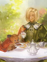 Rule 34 | 2boys, blonde hair, cape, closed eyes, closed mouth, cup, gensou suikoden, gensou suikoden ii, hair over one eye, holding, holding cup, mukumuku, multiple boys, outdoors, sitting, smile, squirrel, table, tea, vincent de boule, zhuzi