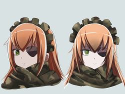 Rule 34 | 1girl, brown hair, camouflage, cz2128 delta, expressionless, eyepatch, green eyes, grey background, highres, kyer0704, long hair, looking at viewer, maid headdress, multiple views, overlord (maruyama), portrait, simple background, symbol-shaped pupils