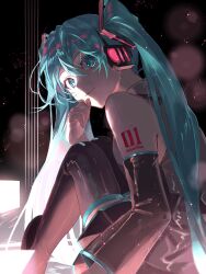 Rule 34 | 1girl, arm tattoo, black skirt, black sleeves, black thighhighs, blue eyes, blue hair, character name, closed mouth, detached sleeves, from side, grey shirt, hair between eyes, hair ornament, hatsune miku, headphones, highres, long hair, long sleeves, miniskirt, natsusankinka07, number tattoo, pleated skirt, shirt, sitting, skirt, sleeveless, sleeveless shirt, smile, solo, tattoo, thighhighs, twintails, very long hair, vocaloid, zettai ryouiki