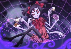 Rule 34 | 1girl, boots, colored skin, extra arms, extra eyes, high heel boots, high heels, highres, arthropod girl, monster girl, muffet, puffy short sleeves, puffy sleeves, purple skin, short sleeves, smile, solo, spider girl, tea, teapot, thigh boots, thighhighs, undertale