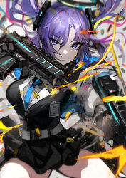 Rule 34 | 1girl, absurdres, belt, black gloves, black skirt, blue archive, blue necktie, breasts, bullet, chuhaibane, closed mouth, collared shirt, commentary request, cow, cowboy shot, dual wielding, expressionless, firing, gloves, gun, halo, highres, holding, holding gun, holding weapon, id card, jacket, long sleeves, looking at viewer, medium breasts, medium hair, miniskirt, necktie, off shoulder, open clothes, open jacket, parted bangs, purple eyes, purple hair, shirt, sidelocks, sig mpx, skirt, solo, submachine gun, weapon, white belt, yuuka (blue archive)