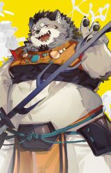Rule 34 | 1boy, absurdres, animal ears, bara, blush, character name, claws, crop top, fangs, fat, fat man, furry, furry male, hashtag-only commentary, highres, holding, holding sword, holding weapon, japanese clothes, kurotero, looking at viewer, male focus, muscular, open mouth, pawpads, sword, tamacolle, weapon, wolf boy, wolf ears, yamato (tamacolle), yellow background