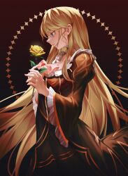 Rule 34 | 1girl, beatrice (umineko), black choker, black dress, blonde hair, blue eyes, bow, bowtie, choker, cowboy shot, dress, expressionless, flower, frilled dress, frills, from side, gem, gown, gradient background, hair between eyes, hair down, highres, holding, holding flower, juliet sleeves, leaf, long hair, long sleeves, own hands together, pink bow, pink bowtie, profile, puffy sleeves, red background, red gemstone, rose, simple background, solo, standing, umajam, umineko no naku koro ni, wide sleeves, yellow flower, yellow rose