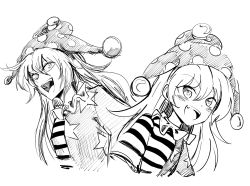 Rule 34 | 1girl, american flag print, american flag shirt, blush, clownpiece, eyes visible through hair, fang, fangs, greyscale, hair between eyes, hat, highres, jester cap, long hair, looking to the side, monochrome, neck ruff, open mouth, polka dot, print shirt, shiguma (signalmass), shirt, short sleeves, simple background, smile, solo, star (symbol), star print, striped clothes, striped shirt, touhou, upper body, white background