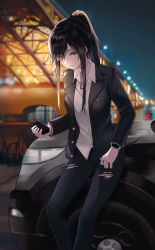Rule 34 | 1girl, absurdres, black hair, black jacket, black pants, bridge, car, collared shirt, commentary request, commission, highres, holding, holding walkie-talkie, jacket, long hair, long sleeves, looking at viewer, motor vehicle, night, night sky, open clothes, open jacket, original, outdoors, pants, pixiv commission, ponytail, shirt, sidelocks, sion (im10042m), sky, solo, sports utility vehicle, torn clothes, torn pants, walkie-talkie, watch, white shirt, wristwatch, yellow eyes