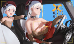 Rule 34 | 2girls, :d, aran sweater, azur lane, bare shoulders, belfast (azur lane), belfast (shopping with the head maid) (azur lane), beret, black bow, black choker, black legwear, black skirt, blue sky, blush, bow, breasts, brown sweater, cable knit, car, car interior, child, choker, cleavage, closed mouth, collarbone, commentary request, day, detached sleeves, driving, earrings, from side, hair bow, hat, highres, hoop earrings, jewelry, large breasts, little bel (azur lane), long sleeves, motor vehicle, multiple girls, off-shoulder sweater, off shoulder, official alternate costume, open mouth, pantyhose, pointing, purple eyes, red headwear, shawl, shigatsu (4gate), short hair, short ponytail, silver hair, skirt, sky, smile, steering wheel, sweater, viewfinder