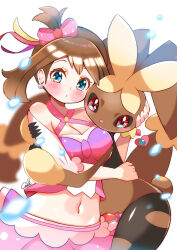 1girl absurdres artist_name blue_eyes blush bow breasts brown_hair carrot_summer cleavage creatures_(company) earrings eyelashes game_freak gen_4_pokemon hair_bow highres jewelry lopunny may_(pokemon) medium_breasts medium_hair mega_lopunny mega_pokemon navel nintendo one_side_up pearl_earrings pink_bow poke_ball poke_ball_(basic) pokemon pokemon_(creature) pokemon_oras simple_background white_background