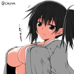 Rule 34 | 10s, 1girl, :/, bad id, bad pixiv id, black hair, breasts, expressionless, head tilt, kaga (kancolle), kantai collection, large breasts, looking afar, short hair, side ponytail, simple background, solo, translation request, tsurime, undressing, white background, yua (checkmate)