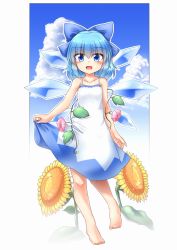 Rule 34 | 1girl, bad id, bad pixiv id, barefoot, blue eyes, blue hair, bow, cirno, cloud, day, dress, eyebrows, flower, hair between eyes, hair bow, hidden star in four seasons, highres, ice, ice wings, leaf, looking at viewer, open mouth, plant, short hair, sky, solo, sundress, sunflower, tanned cirno, touhou, vines, white dress, wings, yan wu