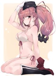 Rule 34 | 1girl, anchor hair ornament, arm up, atlanta (kancolle), bare arms, bare shoulders, black hat, blush, boots, breasts, brown hair, commentary request, earrings, garrison cap, gloves, grey eyes, groin, hair ornament, hat, jewelry, kantai collection, large breasts, long hair, looking at viewer, navel, panties, red ribbon, ribbon, rudder footwear, side-tie panties, simple background, sitting, skindentation, solo, star (symbol), star earrings, two side up, underwear, underwear only, wariza, white gloves, yumesato makura