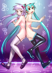 Rule 34 | 2girls, :d, aqua hair, back-to-back, boots, brown eyes, from side, full body, hatsune miku, highres, long hair, looking at viewer, mary janes, multiple girls, musical note, nude, open mouth, purple hair, ribbed legwear, shoes, short hair with long locks, smile, soon (c-u-soon), sparkle, thigh boots, thighhighs, twintails, very long hair, vocaloid, voiceroid, yuzuki yukari