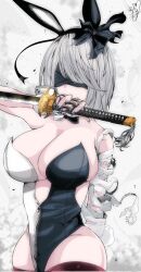 Rule 34 | 1girl, 2b (nier:automata), black blindfold, black nails, blindfold, bob cut, breasts, cleavage, female focus, highres, holding, holding sword, holding weapon, kinakomochi (user vedc2333), large breasts, medium hair, nier:automata, nier (series), short hair, signature, solo, standing, sword, thick thighs, thighhighs, thighs, weapon, white hair