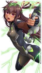 Rule 34 | 1girl, alternate costume, aoi nagisa (metalder), armor, ass, bodysuit, breasts, brown hair, covered erect nipples, curvy, dark skin, lilith-soft, long hair, mizuki yukikaze, nipples, official alternate costume, open mouth, purple eyes, revealing clothes, see-through, shiny clothes, shiny skin, skin tight, small breasts, solo, taimanin (series), taimanin asagi kessen arena, taimanin yukikaze, twintails, very long hair, weapon, wide hips