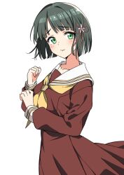 Rule 34 | 1girl, blush, closed mouth, collarbone, commentary request, djpwjd1, furrowed brow, green eyes, green hair, hair ornament, hasu no sora school uniform, highres, link! like! love live!, long sleeves, looking at viewer, love live!, momose ginko, neckerchief, sailor collar, school uniform, short hair, sleeve cuffs, solo, standing, upper body, virtual youtuber, white background, white sailor collar, winter uniform, yellow neckerchief