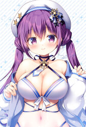 Rule 34 | 1girl, bare shoulders, beret, blush, breasts, cleavage, commentary request, gochuumon wa usagi desu ka?, hair between eyes, hat, hat ornament, highres, kirara fantasia, large breasts, long sleeves, looking at viewer, navel, off shoulder, open clothes, open shirt, purple eyes, purple hair, sasai saji, simple background, sleeves past wrists, smile, solo, star (symbol), star hat ornament, straight-on, tedeza rize, twintails, undressing, upper body