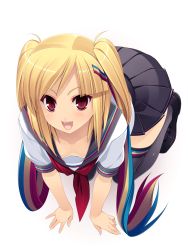 Rule 34 | 1girl, :d, all fours, beatmania, beatmania iidx, black thighhighs, blonde hair, blush, breasts, collarbone, downblouse, fang, fingernails, full body, hair ornament, hairclip, kinoshita ichi, loafers, long hair, looking at viewer, no bra, open mouth, pleated skirt, red eyes, school uniform, serafuku, shoes, simple background, skirt, small breasts, smile, solo, thighhighs, two side up, white background, xiatian (beatmania iidx), zettai ryouiki