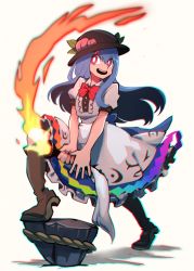 Rule 34 | 1girl, black hat, blouse, blue bow, blue hair, blue skirt, boots, bow, bowtie, bright pupils, brown footwear, buttons, collared shirt, cross-laced footwear, fire, food, frills, fruit, full body, furrowed brow, hat, highres, hinanawi tenshi, holding, holding sword, holding weapon, iganashi1, keystone, long hair, looking to the side, open mouth, peach, puffy short sleeves, puffy sleeves, rainbow gradient, rainbow order, red bow, red eyes, shadow, shirt, short sleeves, simple background, skirt, smile, solo, sword, sword of hisou, teeth, touhou, upper teeth only, weapon, white background, white pupils, white shirt