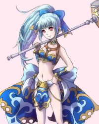 Rule 34 | 1girl, blue hair, bow, hair bow, hammer, long hair, meru (dragoon), navel, ponytail, red eyes, ribbon, smile, the legend of dragoon, weapon, wingly