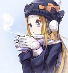 Rule 34 | 1girl, abigail williams (fate), absurdres, bandaid, bandaid on face, bandaid on forehead, beanie, black bow, black hat, black jacket, blonde hair, blue eyes, bow, crossed bandaids, cup, fate/grand order, fate (series), forehead, gloves, hat, highres, jacket, long hair, long sleeves, nakasaku-p, orange bow, parted bangs, polka dot, polka dot bow, scarf, solo, steam, white gloves, white scarf