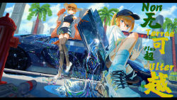 Rule 34 | 2girls, absurdres, alternate costume, bandaid, bandaid on knee, bandaid on leg, baseball cap, black hat, black shirt, black shorts, black skirt, black thighhighs, blonde hair, blouse, blue eyes, blue sky, bow, braid, building, car, chinese commentary, city, cloud, commentary request, contemporary, crop top, day, dutch angle, eyewear on head, fashion, fire hydrant, full body, glint, green eyes, grin, hat, highres, hood, hood down, hoodie, iridescent, italian flag, jacket, jacket on shoulders, kirisame marisa, lamborghini, lamborghini aventador, long hair, looking at viewer, looking to the side, midriff, miniskirt, mizuhashi parsee, motor vehicle, multiple girls, nail polish, navel, outdoors, palm tree, pointy ears, preissvan, puddle, red bow, red jacket, shirt, shoes, short hair, shorts, side braid, single braid, skirt, sky, skyscraper, smile, sneakers, solo, splashing, spray can, spray paint, squatting, standing, sun hat, sunglasses, thighhighs, touhou, tree, water, white footwear, white hoodie, yellow nails
