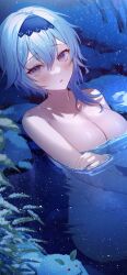Rule 34 | 1girl, black hairband, blue hair, blush, collarbone, commentary request, completely nude, eula (genshin impact), genshin impact, hairband, hand on own arm, highres, nude, outdoors, parted lips, partially submerged, purple eyes, sitting, solo, syandega, water