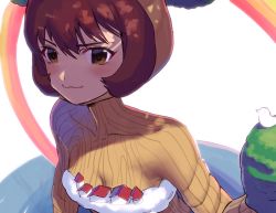 Rule 34 | 1girl, bad id, bad pixiv id, bird, brown eyes, brown hair, brown sweater, closed mouth, commentary, costume, idolmaster, idolmaster cinderella girls, katsuoboshi, long sleeves, ribbed sweater, shade, short hair, smile, solo, sweater, turtleneck, turtleneck sweater, ueda suzuho, upper body, white background