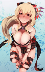 Rule 34 | 1girl, bare shoulders, black bow, blonde hair, blue background, blush, boots, bow, breasts, cleavage, closed mouth, cross-laced footwear, dress, empty eyes, flower, granblue fantasy, hair between eyes, hair bow, hair flower, hair ornament, hibiscus, highres, kojima (blue stardust), lace-up boots, large breasts, long hair, ponytail, red eyes, short dress, solo, vira (granblue fantasy)