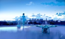 Rule 34 | 1girl, apple inc., barefoot, black hair, blue theme, blurry, building, camera, city, cityscape, cloud, computer, day, depth of field, drone, from behind, laptop, looking afar, loundraw, macintosh, niji wo matsu kanojo, original, rooftop, scenery, short hair, sign, signature, skirt, sky, sleeveless, solo, wind