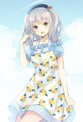 Rule 34 | 10s, 1girl, alternate costume, bare shoulders, bekotarou, blue eyes, blush, cloud, day, dress, eyebrows, female focus, food, food print, fruit, gradient background, hat, highres, kantai collection, kashima (kancolle), lemon, open mouth, outdoors, puffy short sleeves, puffy sleeves, short sleeves, silver hair, sky, solo, sundress, twintails