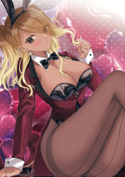 Rule 34 | 1girl, :o, animal ears, ass, black bow, black bowtie, black leotard, black pantyhose, blonde hair, blush, bow, bowtie, breasts, brown hair, cleavage, commission, dark-skinned female, dark skin, detached sleeves, gradient hair, hair over one eye, hamcheeseand, highres, holding, holding own hair, idolmaster, idolmaster shiny colors, izumi mei, jacket, knees up, large breasts, leotard, long sleeves, looking at viewer, multicolored hair, open mouth, pantyhose, parted lips, polka dot, polka dot background, rabbit ears, red jacket, skeb commission, solo