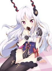 Rule 34 | 1girl, black thighhighs, blush, bow, candy, caren hortensia, caren hortensia (amor caren), caren hortensia (amor caren) (third ascension), chocolate, chocolate heart, commentary request, fate/grand order, fate (series), food, heart, highleg, highleg leotard, highres, horns, leotard, long hair, looking at viewer, massala, puffy short sleeves, puffy sleeves, purple eyes, short sleeves, simple background, sitting, smile, solo, thighhighs, very long hair, wavy hair, white background, white hair