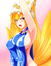 Rule 34 | 1girl, animal ears, animal hat, arm up, armpits, blonde hair, blush, breasts, covered erect nipples, fox ears, fox tail, hat, highres, large breasts, looking at viewer, mob cap, multiple tails, naked tabard, open mouth, parmiria, mob cap, red eyes, sideboob, solo, sweat, tabard, tail, tassel, touhou, yakumo ran