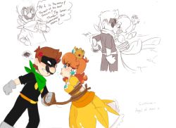 Rule 34 | 1boy, 1girl, angry, annoyed, bdsm, blue eyes, bondage, bound, breasts, comic, crown, domino mask, dress, earrings, facial hair, flower earrings, gloves, jewelry, kiss, luigi, mario (series), mask, mr l, mustache, nintendo, orange dress, paper mario, princess daisy, puffy short sleeves, puffy sleeves, rope, scarf, short sleeves, speech bubble, standing, super mario land, surprise kiss, surprised, tomboy, tongue, tongue out, white eyes