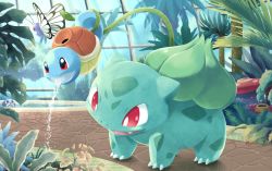 Rule 34 | bright pupils, bulbasaur, butterfree, claws, commentary request, creatures (company), fang, game freak, gen 1 pokemon, leaf, light rays, nintendo, open mouth, plant, pokemon, pokemon (creature), poliwag, red eyes, smile, soomee n, squirtle, standing, vileplume, vines, watering, white pupils
