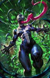 Rule 34 | 1girl, black bodysuit, bodysuit, breasts, claws, covered abs, dcwj, highres, long tongue, looking at viewer, marvel, medium breasts, open mouth, sharp teeth, she-venom, signature, solo, spider-man (series), symbiote, teeth, tongue, tongue out, very long tongue