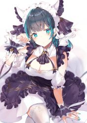 Rule 34 | 1girl, absurdres, animal ears, arm support, azur lane, bare shoulders, black dress, black hair, blue hair, blue nails, blush, breasts, cat ears, cheshire (azur lane), cleavage, clenched hand, closed mouth, commentary request, crossed legs, detached sleeves, dress, fake animal ears, frilled dress, frills, hand up, head tilt, highres, huge filesize, kikurage tom., large breasts, looking at viewer, maid, maid headdress, medium hair, multicolored hair, nail polish, puffy short sleeves, puffy sleeves, short sleeves, sitting, solo, streaked hair, striped, thighhighs, two-tone hair, white thighhighs, wrist cuffs