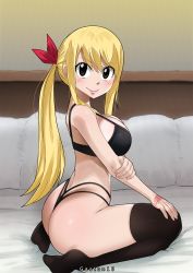 Rule 34 | 1girl, artist name, ass, bed, black bra, black panties, black thighhighs, blonde hair, blush, bra, breasts, brown eyes, fairy tail, gaston18, highres, large breasts, long hair, looking at viewer, lucy heartfilia, no shoes, panties, pillow, ponytail, sitting, smile, solo, tattoo, thighhighs, thighs, underwear, wariza