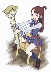 Rule 34 | 10s, 1girl, arai hiroki, brown hair, chair, dress, highres, holding, holding wand, kagari atsuko, little witch academia, loafers, long hair, open mouth, shoes, sitting, smile, socks, solo, uniform, wand