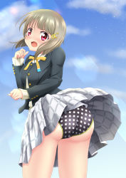 Rule 34 | 1girl, artist name, artist request, bare legs, black jacket, black panties, blue sky, blush, bow, bowtie, breasts, brown hair, buttons, cardigan, checkered clothes, checkered skirt, cloud, collared shirt, crescent, crescent hair ornament, day, female focus, floating hair, from behind, grey hair, hair ornament, jacket, light brown hair, long sleeves, looking at viewer, looking back, love live!, love live! nijigasaki high school idol club, medium breasts, miniskirt, nakasu kasumi, neck ribbon, nijigasaki academy school uniform, outdoors, panties, parted lips, pink eyes, plaid, plaid skirt, pleated skirt, polka dot, polka dot panties, polka dot underwear, purple eyes, ribbon, school uniform, shirt, short hair, skirt, sky, smile, solo, star (symbol), star hair ornament, sweater, sweater vest, underwear, vest, wavy hair, white shirt, white skirt, yellow bow, yellow cardigan, yellow ribbon, yellow sweater