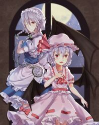 Rule 34 | 2girls, apron, ascot, bat wings, blue skirt, braid, closed mouth, collared shirt, cowboy shot, fang, frilled apron, frilled shirt, frilled shirt collar, frilled skirt, frilled sleeves, frills, full moon, grey hair, hair between eyes, hat, hat ribbon, highres, indoors, izayoi sakuya, maid, maid headdress, medium hair, minuo, moon, multiple girls, night, one eye closed, open mouth, pink shirt, pink skirt, pocket watch, puffy short sleeves, puffy sleeves, red ascot, red eyes, red ribbon, remilia scarlet, ribbon, shirt, short sleeves, skirt, touhou, twin braids, waist apron, watch, white apron, white shirt, wings