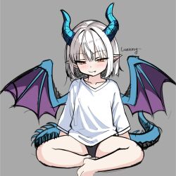 1girl absurdres bare_legs barefoot black_shorts blue_horns blue_tail breasts butterfly_sitting collarbone cunvaroy dragon_girl dragon_horns dragon_tail fang grey_background highres horns long_sleeves orange_eyes original pointy_ears shirt short_hair shorts simple_background sitting small_breasts smile smug tail white_hair white_shirt