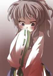Rule 34 | 1girl, blush, commentary request, covering face, covering own mouth, covering privates, female focus, gaoo (frpjx283), grey eyes, grey hair, hat, highres, japanese clothes, kariginu, mononobe no futo, solo, touhou