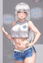 Rule 34 | 1girl, alternate costume, bare shoulders, blue eyes, blue shorts, bluefield, breasts, commentary, crop top, drawstring, english commentary, english text, hair down, hand on own hip, highres, long hair, looking at viewer, medium breasts, midriff, navel, open mouth, patreon username, rwby, scar, scar across eye, scar on face, shirt, short shorts, shorts, solo, stomach, twitter username, weiss schnee, white hair, white shirt