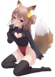Rule 34 | 1girl, :p, absurdres, animal ear fluff, animal ears, annytf, arm up, black gloves, black sweater, black thighhighs, blush, breasts, brown eyes, brown hair, cleavage, cleavage cutout, clothing cutout, covered navel, fingerless gloves, fox ears, fox girl, fox tail, gloves, groin, hair ornament, highleg, highleg leotard, highres, indie virtual youtuber, leotard, leotard under clothes, long hair, nekokusa5, no pants, red leotard, side ponytail, simple background, sitting, sleeves past wrists, solo, star (symbol), star hair ornament, sweater, tail, thighhighs, thighs, tongue, tongue out, virtual youtuber, white background